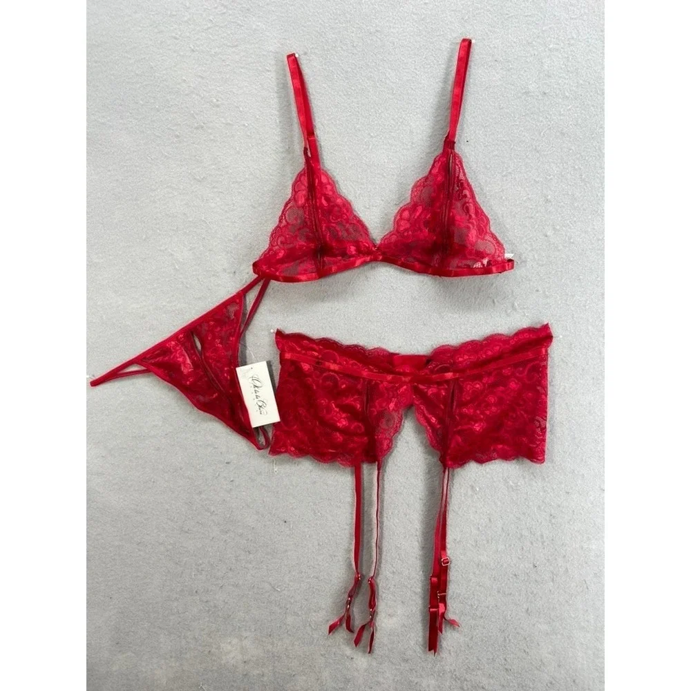 NWT Oh La La Cheri 3pc Set L/XL Red Lace Triangle Bralette Garter Belt G String‎